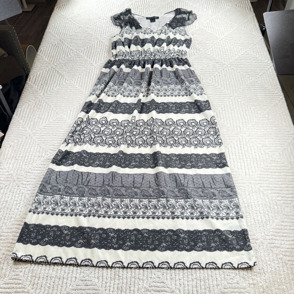 Kardashian Kollection Maxi Dress Womens XL Black White Lace Flutter Boho Elegant